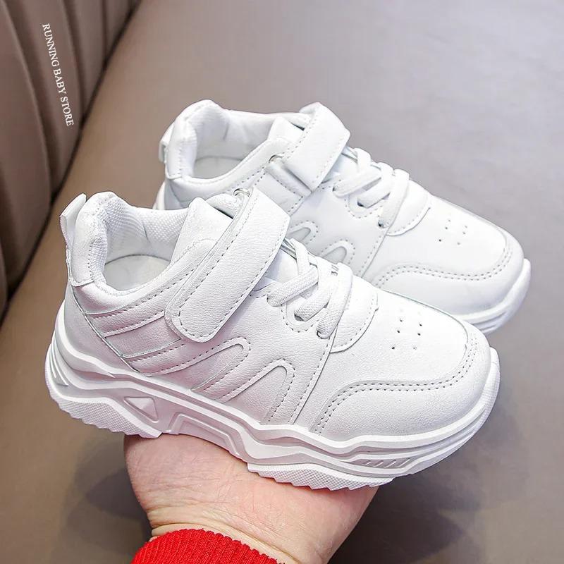 All White Girls Running Shoes Casual PU Kids Boy Tenis Shoes Comfortable Soft Bottom Spring Autumn Children Sneakers I07105