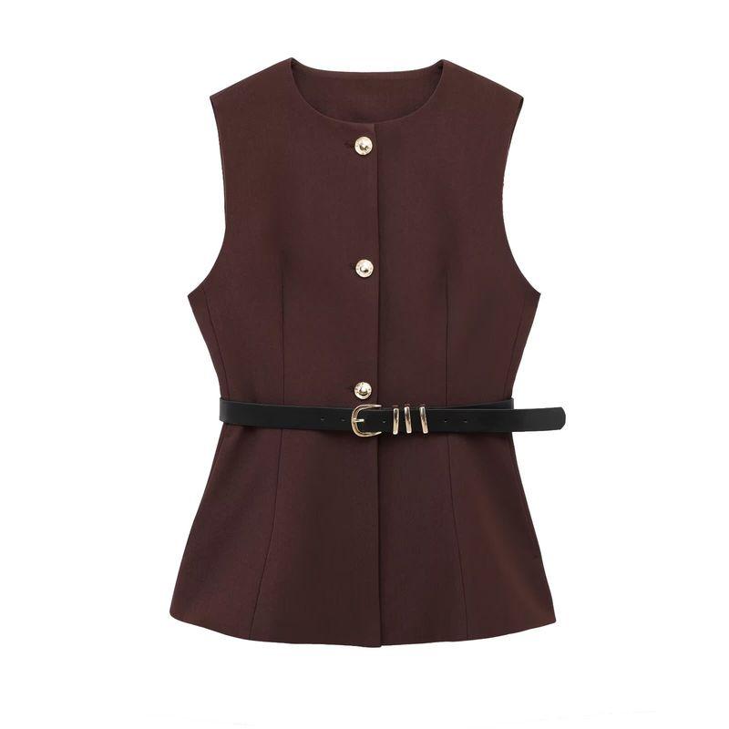 Fall and Winter New Women's Clothing Fashion Style Belt Minimalist Sleeveless O-neck Short Vest Jacket 9300525