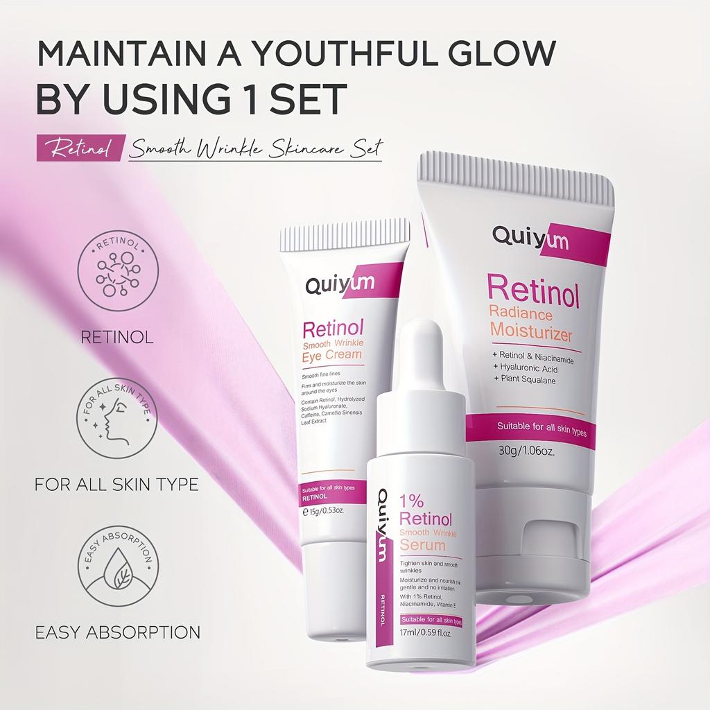 Retinol Smooth Wrinkle Skincare Set Moisturizing Firming Facial Skincare Routine Kit - Retinol Serum-Face Moisturizer-Eye Cream
