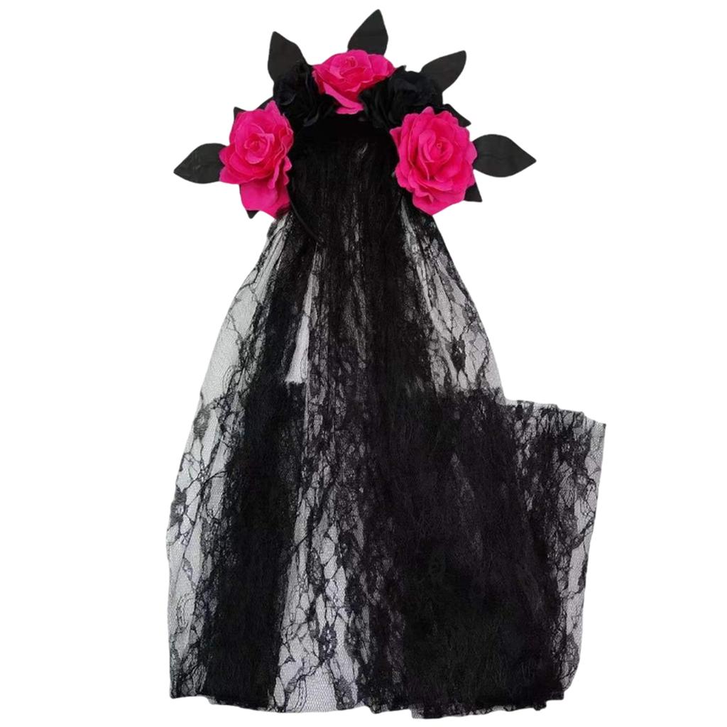 Halloween Gothic Flower Garland With Black Veils Hairband Cosplay Wedding Headpiece Costume Headwear Accessory