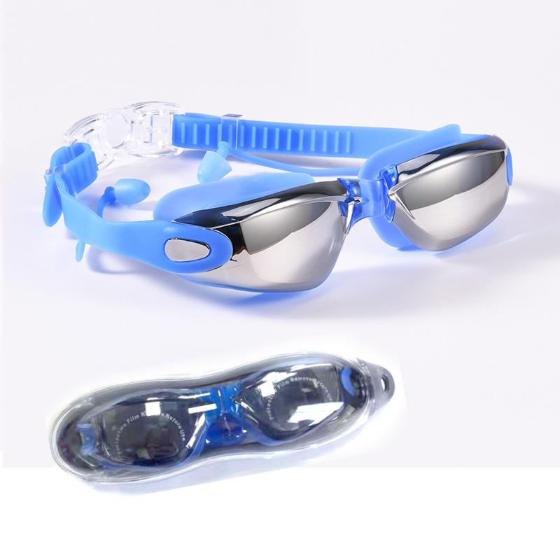 Directly supplied silicone colorful swimming goggles for adults, new model One-piece earplug electroplated anti-fog swimming goggles