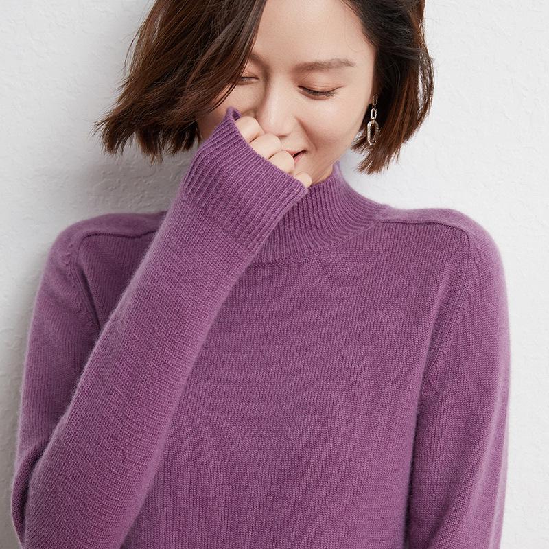 Women's 100% Wool Thickened Saddle Shoulder Sweater – Soft and Warm Half-High Neck Knitwear for Autumn and Winter