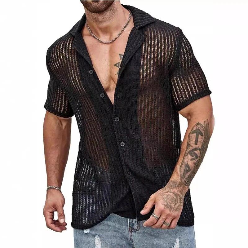 Modern Living Streetwear Mode Gebreide Kleding Heren Shirt Sexy See Through Gebreide Tops Heren Zomer Casual Knoop Revers Korte Mouw Hollow Out Shirt M zwart