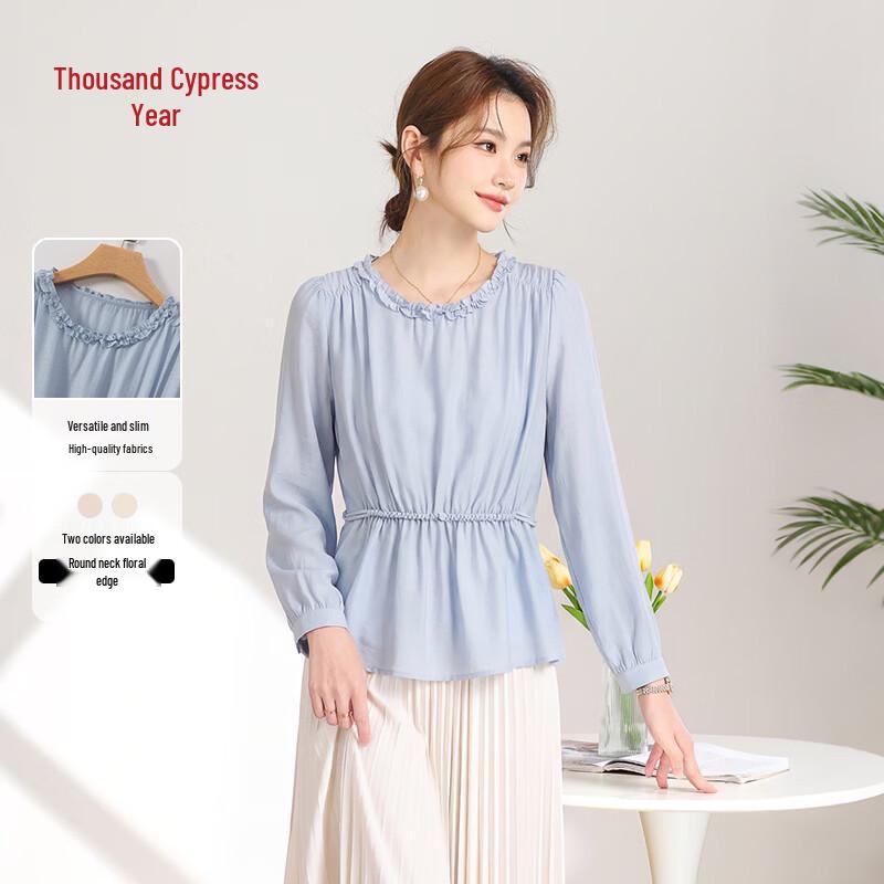 Women s Sweet Lace Round Neck Acetate Long Sleeve Shirt XXL