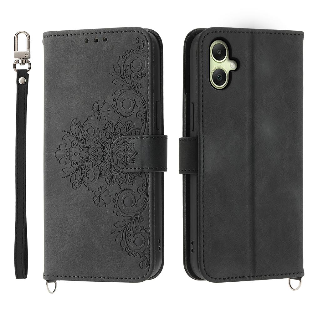 

For Samsung Galaxy A07 4G Case Flower Pattern PU Leather Wallet Phone Cover with Strap Black