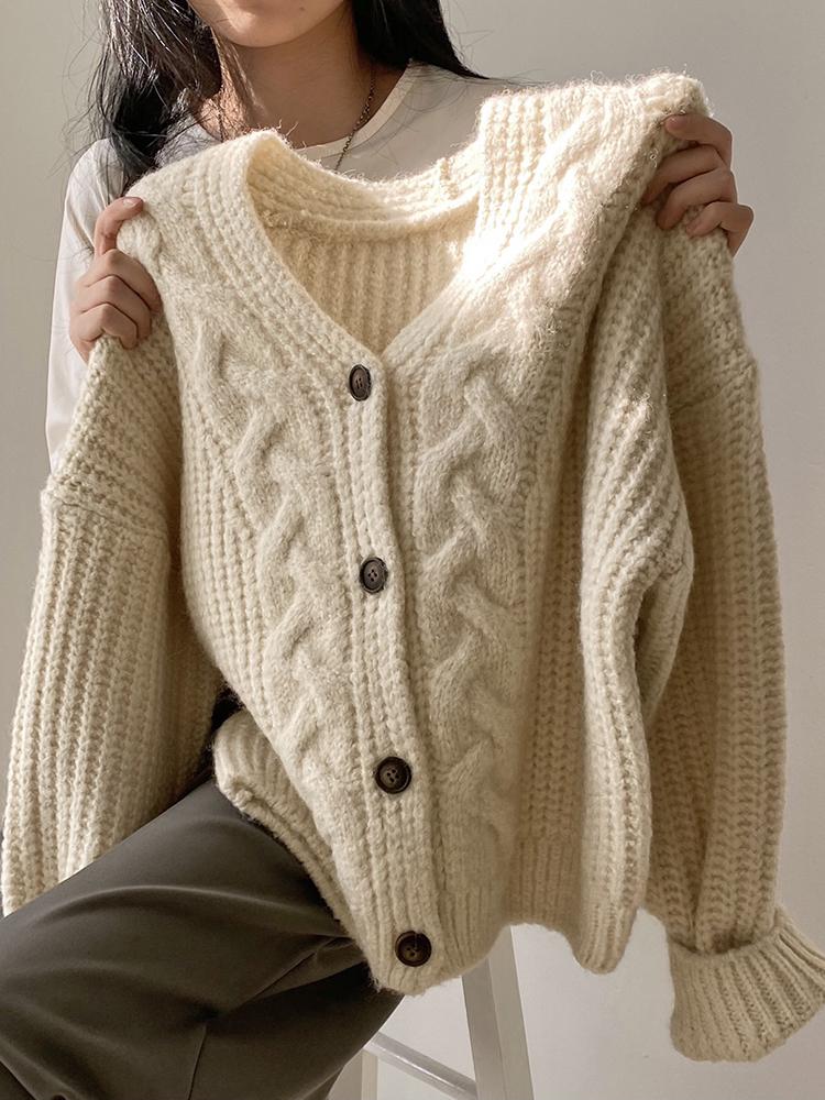 2026 Korean Thick Women Cardigan Knitted Sweater Autumn Winter Chic Loose Long Sleeve Tops Simple Solid Sweater Female
