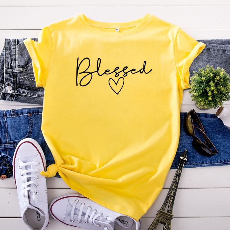 Summer Round Neck Letter Blessed Printed Top Fashionable Casual Short Sleeved Women's Pure Cotton T-shirts