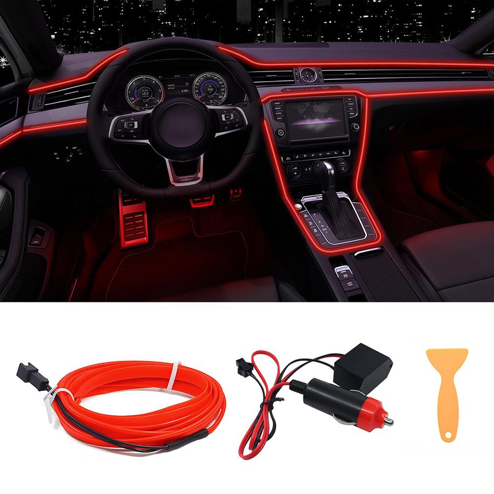 Cold Light EL Wire Interior Car LED Strip Lights, 197 Inch Neon Glowing El Wire Lights Ambient Lighting Kits for Car Decorations