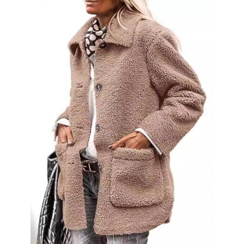 Lamb Wool Coat for Women Long Sleeves Turndown Collar  Medium Length Cotton Jacket Solid Color Warm Comfortable Autumn and Winter