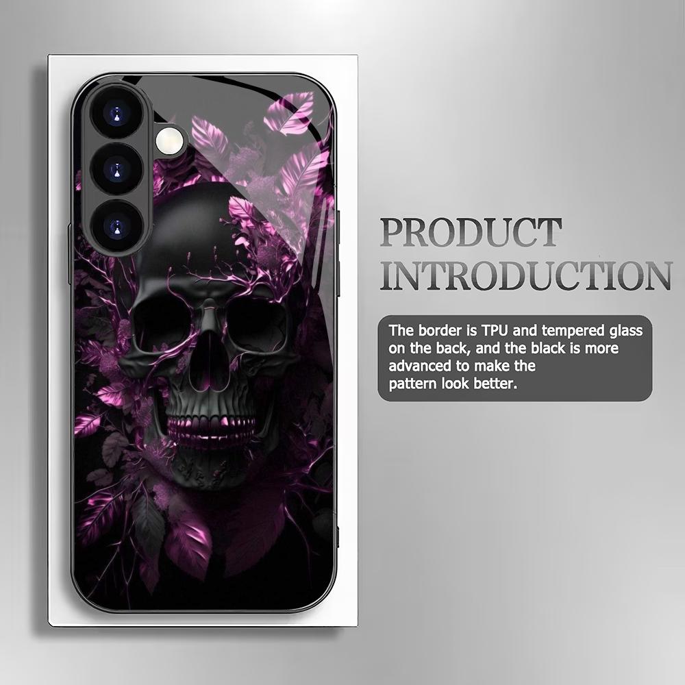 Purple Flower Skull Tempered Glass Phone Case Suitable for Samsung Galaxy S26 S25 S24 S23 S22 S20 FE/Ultra/Plus Anti Drop