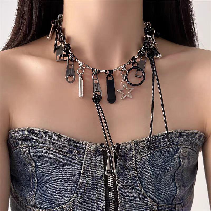 Cyber Punk Zipper Necklace Fringe Chain Head Y2k Hip Hop Choker Men's Women's Fashion Personality Jewelry Accessories