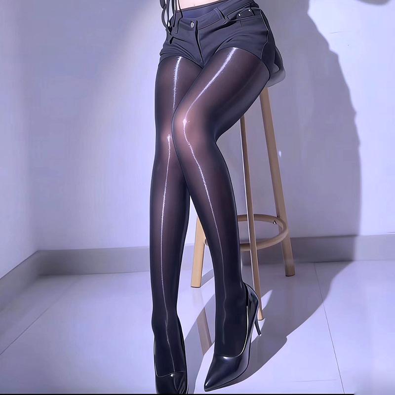 Superfeine durchsichtige Strümpfe mit öligem Schimmer und Pferdeöl für Damen - Schlankmachend Sommer Schwarz Seide Aurora One Size Pantyhose Closed Crotch【90-160 lbs】 schwarz