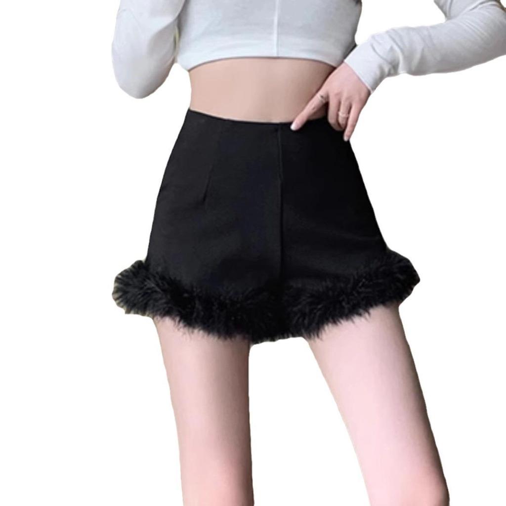 Black Raw Edge High Waist A-Line Slimming Shorts for Women - Autumn/Winter 2024 Fashion