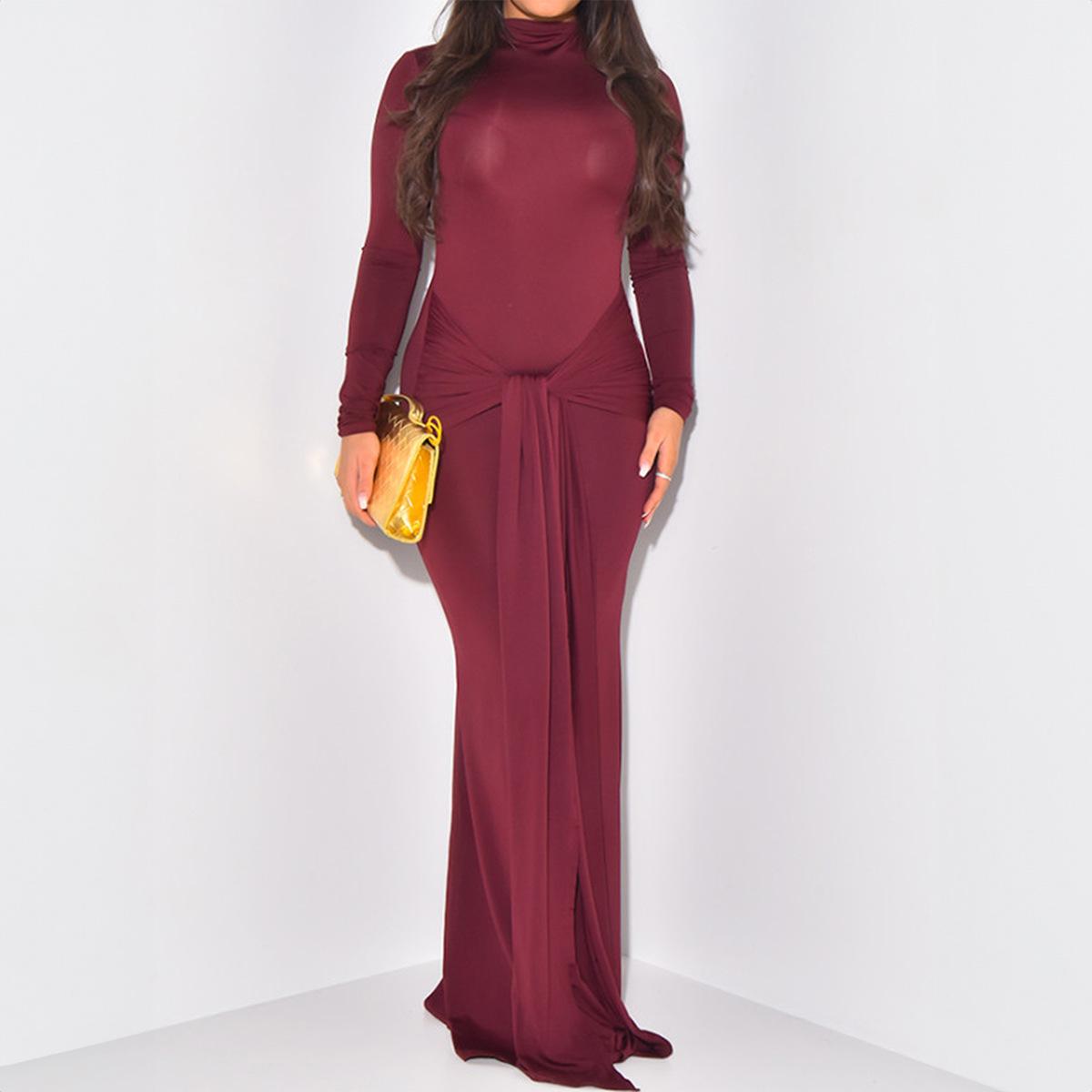 

Элегантное однотонное платье с длинным рукавом и юбкой по бедрам для женщин 2025 Осень S кларет