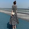 Large Size New Temperament Age-reducing Chiffon Dress Women's Summer Fat Mm Belly Covering and Thin Long Black Floral Dress