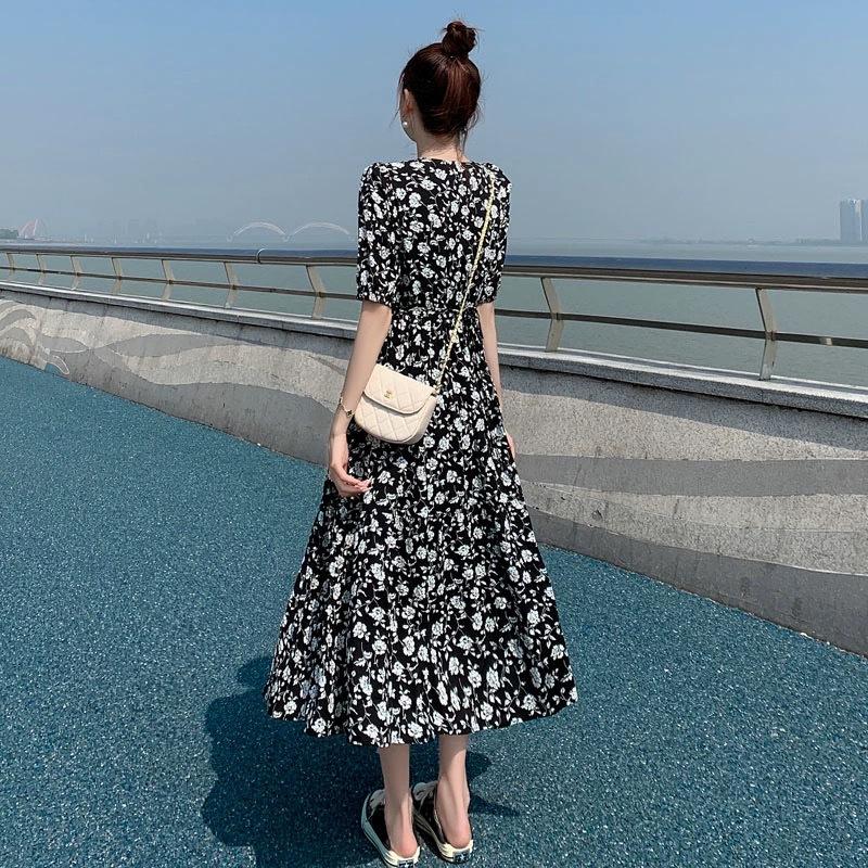 Large Size New Temperament Age-reducing Chiffon Dress Women's Summer Fat Mm Belly Covering and Thin Long Black Floral Dress