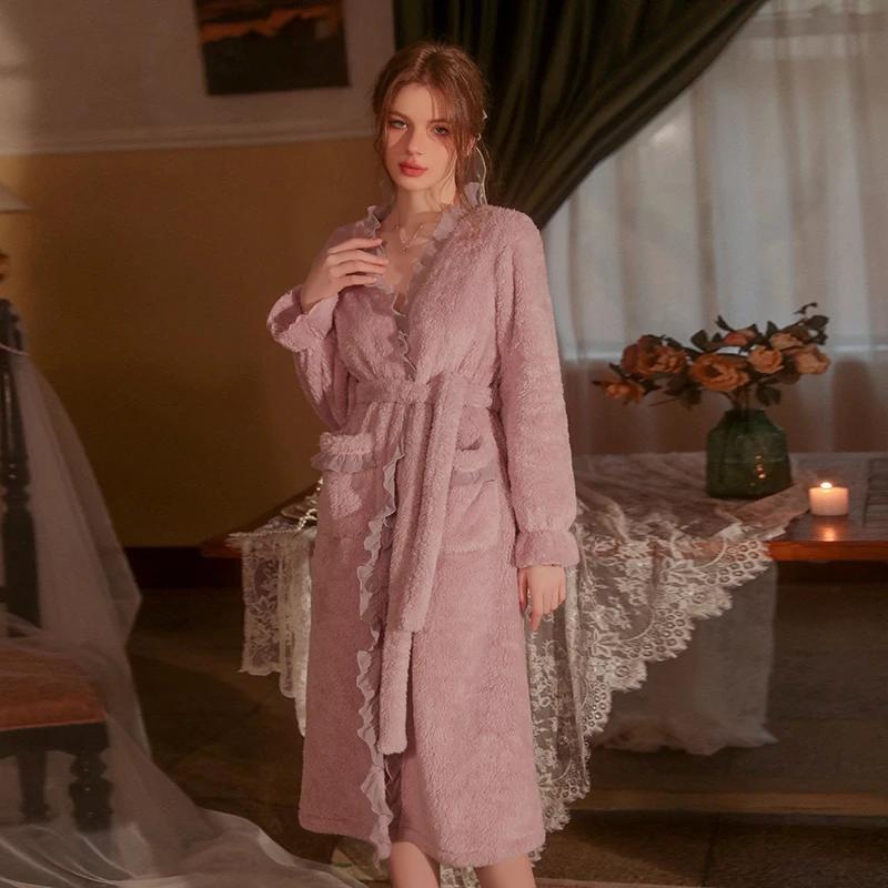 Kleid Damen Winter Locker Lässig Einfarbig Flanell Strickjacke Mantel Bademantel Neu Langer Warmer Mantel Damen Bademantel