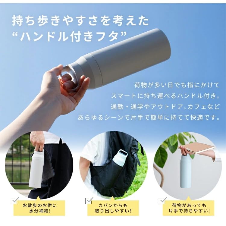 Dishwasher Safe Asvel Water Vacuum Insulated with Stainless Steel Tea Bag Light Gray Screw Removable Lid PA-S500 Bottle, 500ml, Handle, Stopper, Lid,