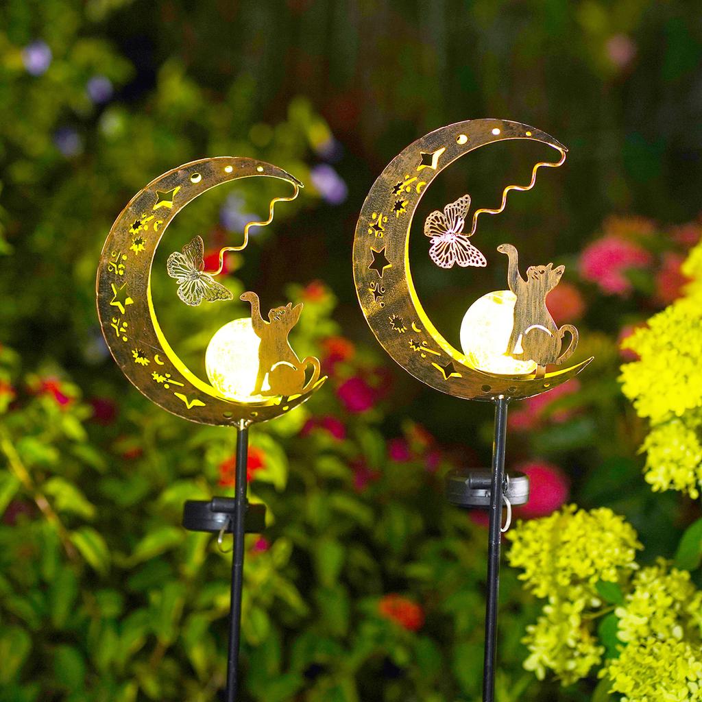 1pc Solar Lawn Light - Cat Paw & Butterfly Design with Moon & Stars, Outdoor Garden Decor Light, Iron Light for Yard, Party Gift