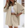 Conjunto casual de color sólido para mujer con camisa de hombros descubiertos y shorts de botonadura sencilla