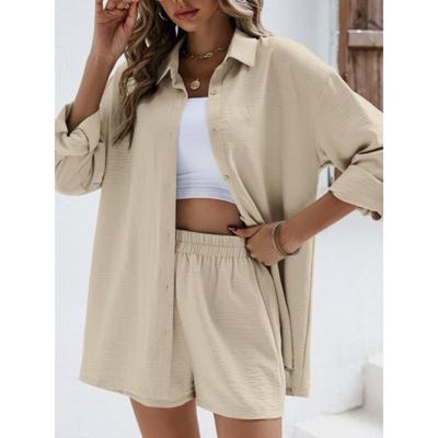 Women's Solid Color Casual Off Shoulder Shirt and Single Breasted Shorts Set