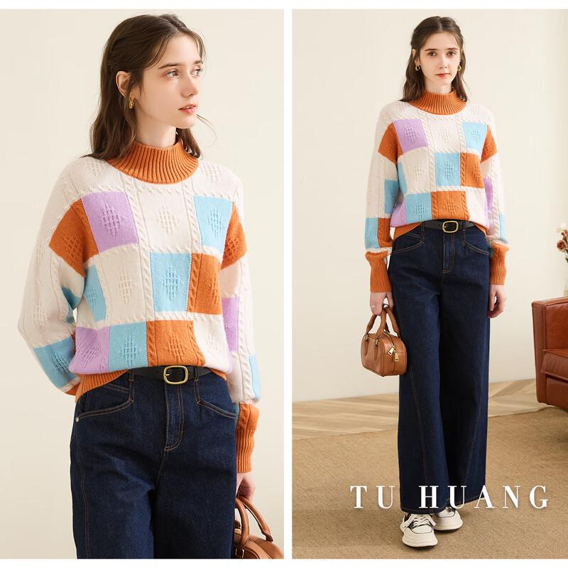 TUHUANG Women's Thick Pure Wool Half Turtleneck Color Block Sweater