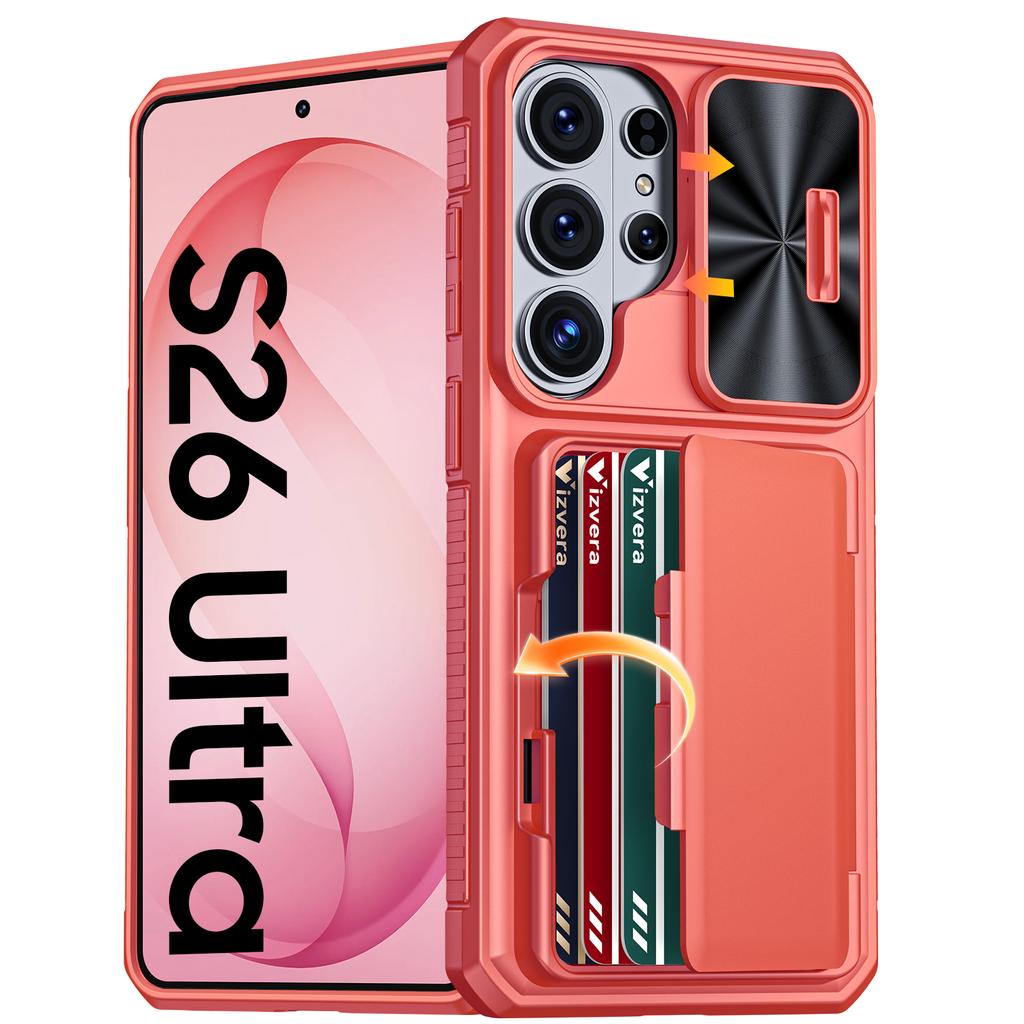 Avec Porte-Cartes, Cache-Objectif Coulissant et Support pour Étui de Téléphone Samsung Galaxy S26 Ultra, Étui Portefeuille Anti-Chute en PC+TPU - Rose Clair