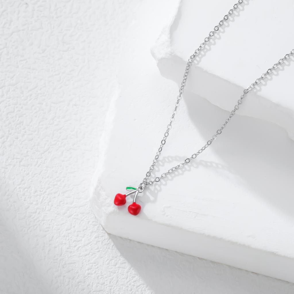 Teamer Enamel Cherry Charms Necklace Gold Color Stainless Steel Sweet Choker For Woman Girls Trendy Jewelry Gift Wholesale New