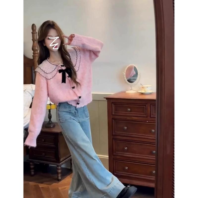 Women's Cozy Gray Knit Cardigan with Doll Collar - Korean Autumn/Winter Style