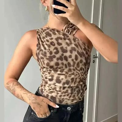 Chaleco Irregular sin Espalda con Estampado de Leopardo Vintage para Mujer Sexy Fuera del Hombro sin Mangas Blusa Verano Chic Femenino Ropa de Calle Camisas