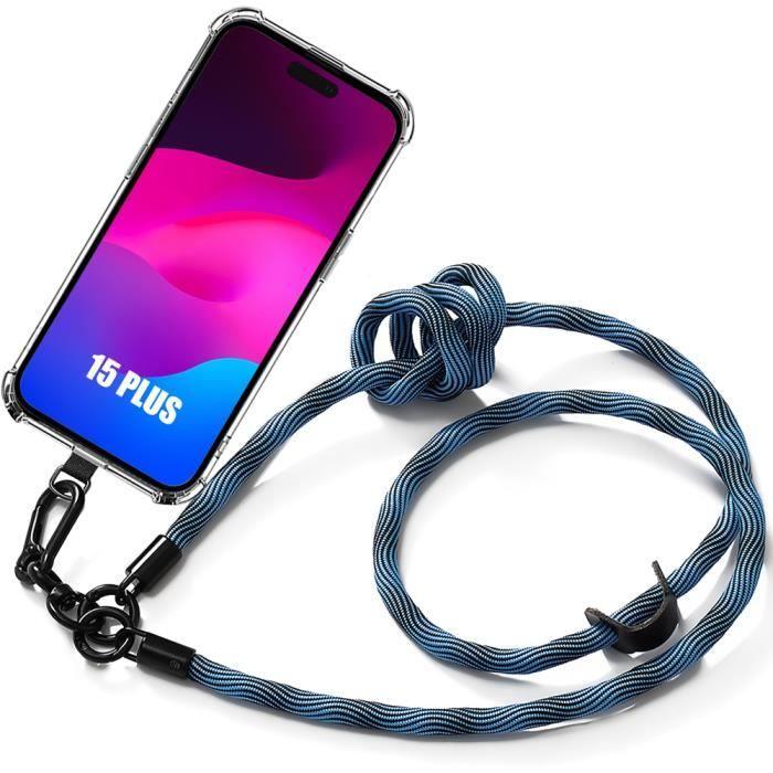 Coque - EF CONNECTION - pour iPhone 15 Plus - Protection Antichoc - Cordon Amovible - Silicone Bleu