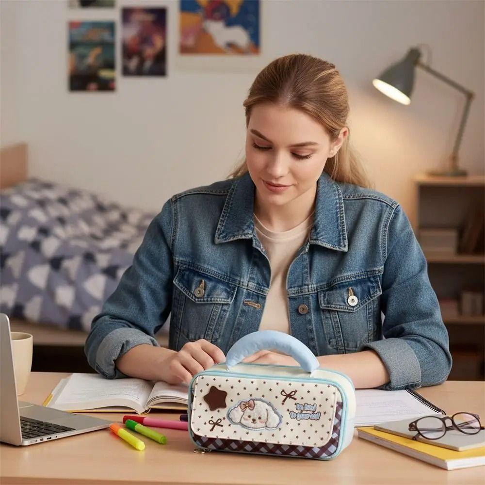 Handheld Embroidered Puppy Pencil Case Large Capacity Stationery Pouch Cartoon Pen Bag  Cosmetic