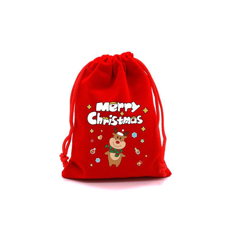 Cross-Border Cartoon Christmas Gift Bag: Red Drawstring Flocking Apple Packaging