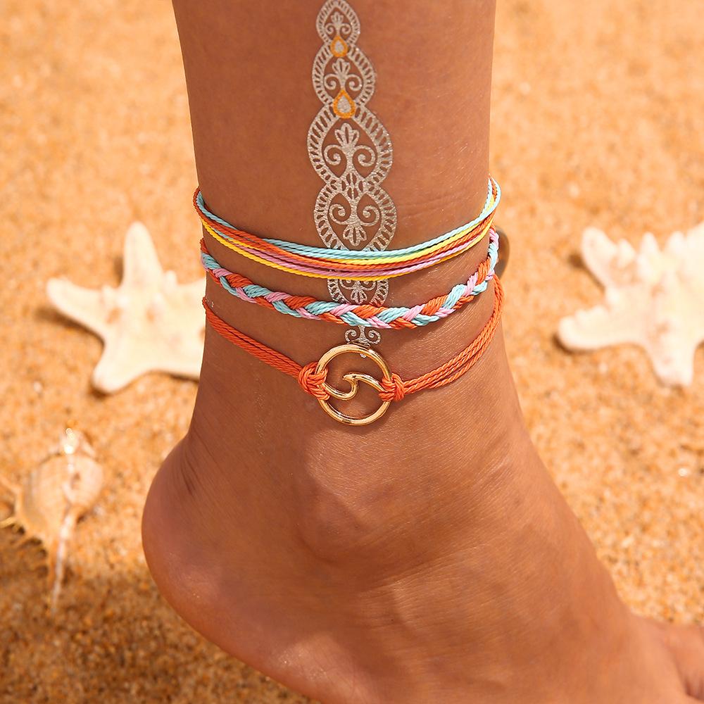 Bohemian Retro Wax Rope Mixed Color Woven Turquoise Sunflower Handmade String Mixed Color Rice Bead Multi-Layer Anklet
