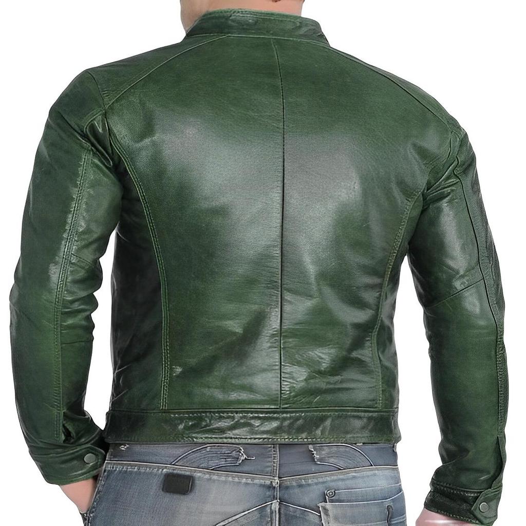 NOORA Men's Dark GREEN Leather Jacket | Slim Fit Real Biker Leather Jacket | Stylish Outwear Band COLLARED Jacket With Multi Zipper Pocket |