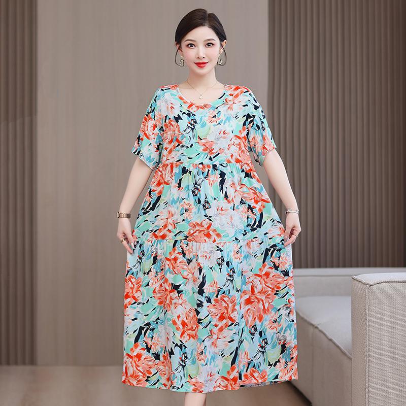 Plus Size Floral Dresses for Women  Oversize Loose Short Sleeve Summer Long Dress Middle-aged Women Summer Sundresses