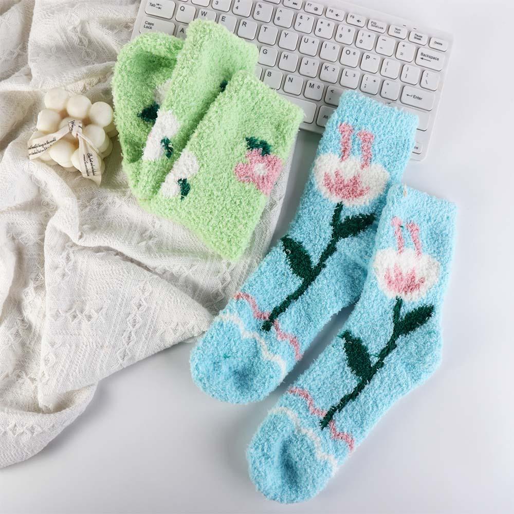 Plush Coral Velvet Socks Female Hosiery Sleeping Socks Casual Flower Pattern Socks  Women