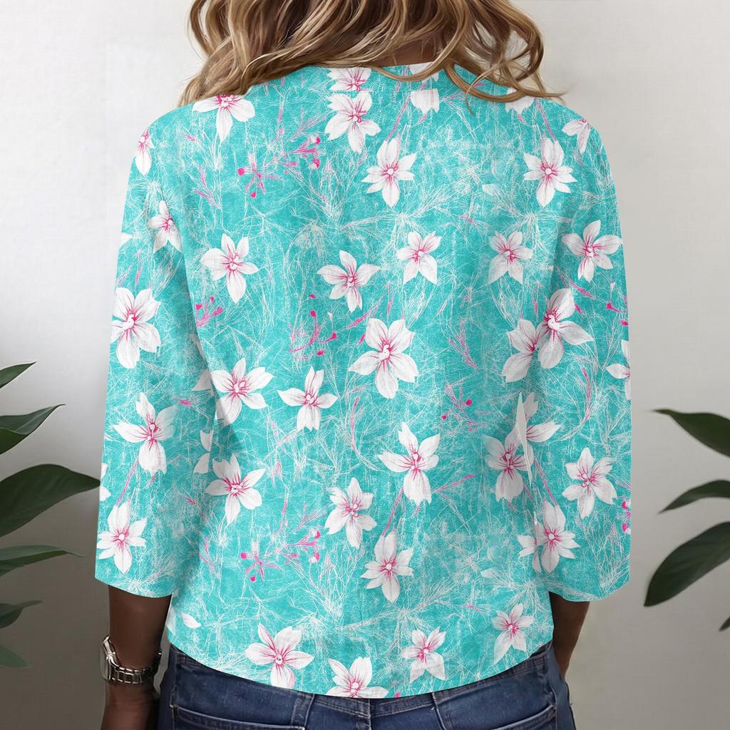 Women Floral Print Button Front Henley Shirt Three Quarter Sleeve Lightweight Linen Cotton Blend Blouse Casual Top
