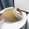Women'S Summer New Fresh Beach Hat With Pearls Open Top Sun Hat Fashionable Raffia Straw Hat