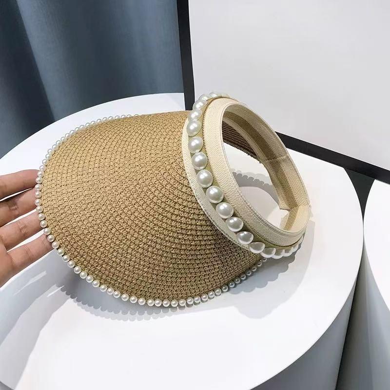 Women'S Summer New Fresh Beach Hat With Pearls Open Top Sun Hat Fashionable Raffia Straw Hat
