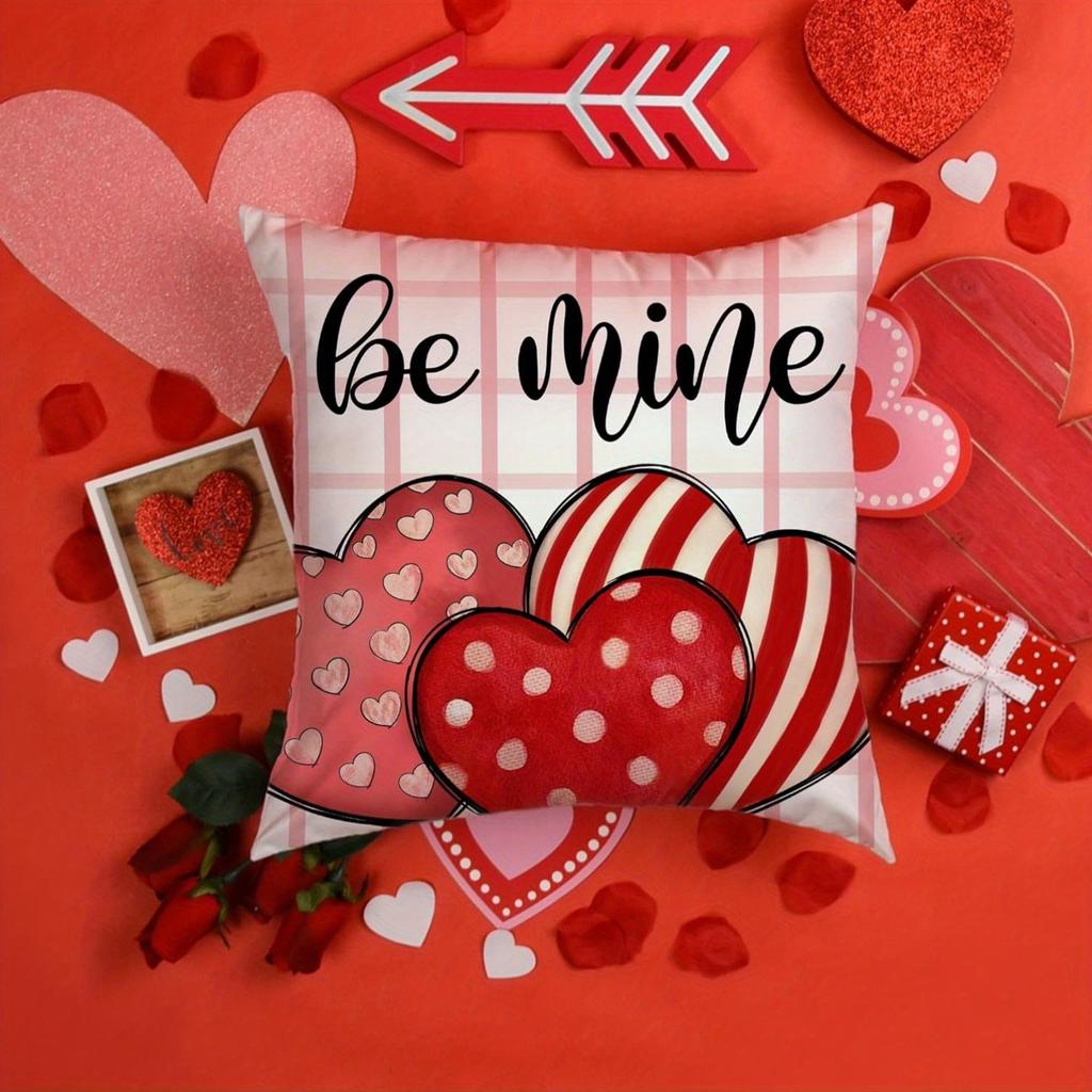4Pcs Valentine Pillow Covers, Pink Love Hello Print, Hypoallergenic Polyester Acrylic, Zippered Washable For Sofa Home Decor