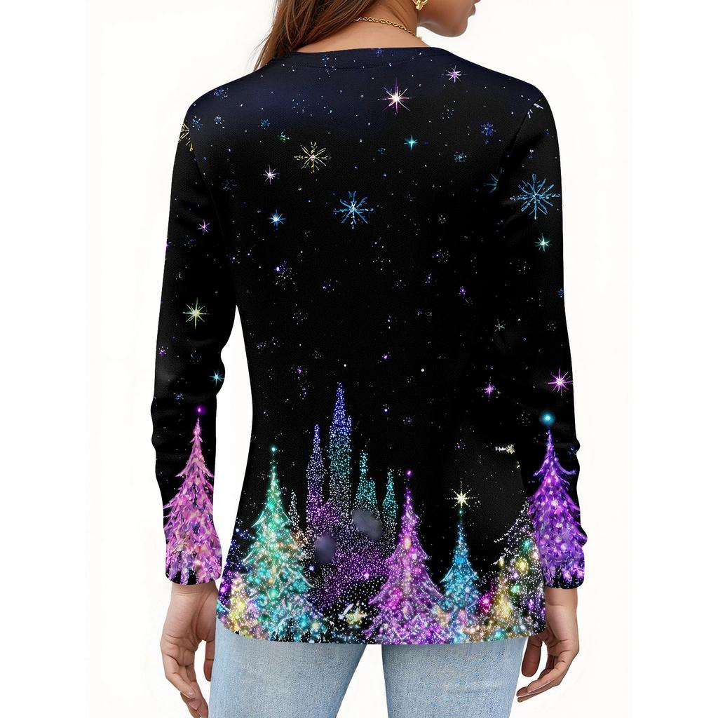Women's T Shirt Tee Christmas Print Button Long Sleeve Daily Weekend Fashion Basic V- Neck Regular Top