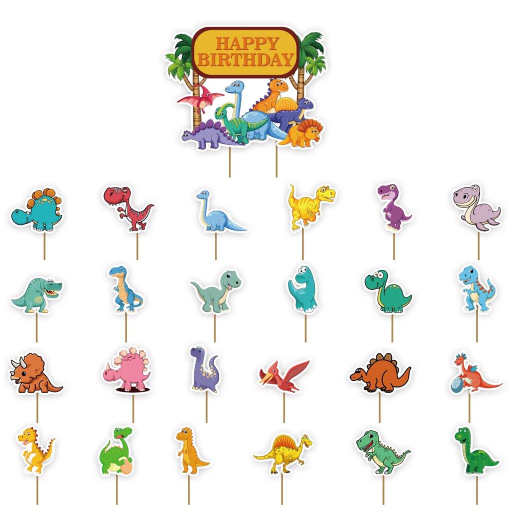 Dinosaur-Themed Birthday Party Decoration Set: Cake Toppers & Flags