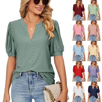 2025 Summer Women's Casual V-Neck Solid Color Bubble Sleeve Loose T-Shirt