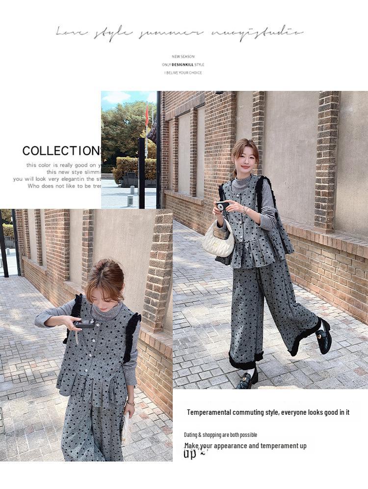 Damesett i koreansk stil med grå polkadotter, tredelt vestdrakt - Elegant høst/vinter moden stil