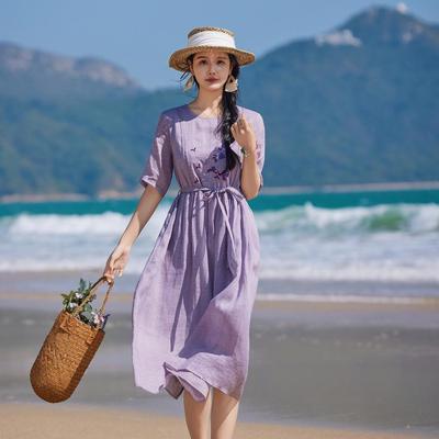 2024 Women's Embroidered Ramie Flowy Dress - Mid-Sleeve, Round Neck, Long Tie, Literary Style