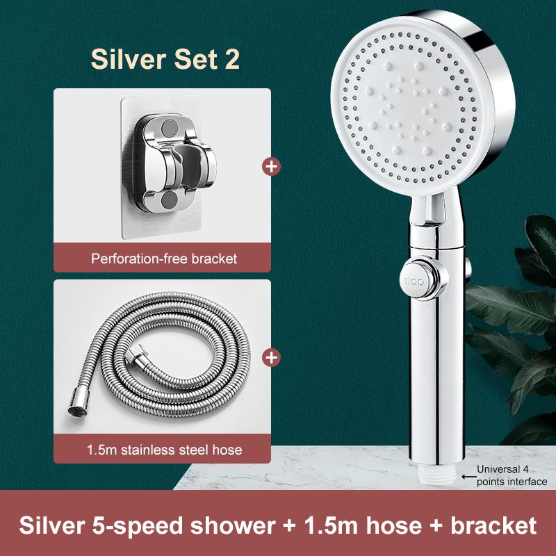 High-pressure Shower Head Set 5 Modes of Adjustment Showerhead with Hose Water-saving One-touch Stop Bathroom Accessories