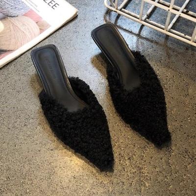 Moda Nuevas Pantuflas de Piel para Mujer Mules Cálidos Zapatos Casuales Botas de Tacón Medio Nuevo Punta Puntiaguda Felpa Slingback Chanclas Botas de Algodón