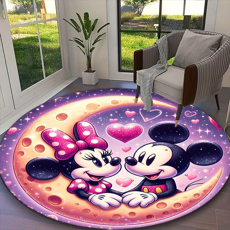 Mickey And Minnie Moon Pastel Floral Rug Ideal for Reading Room, Multi-purpose Office Chair Sofa Carpet, Anti-slip Printed Home Round Rug