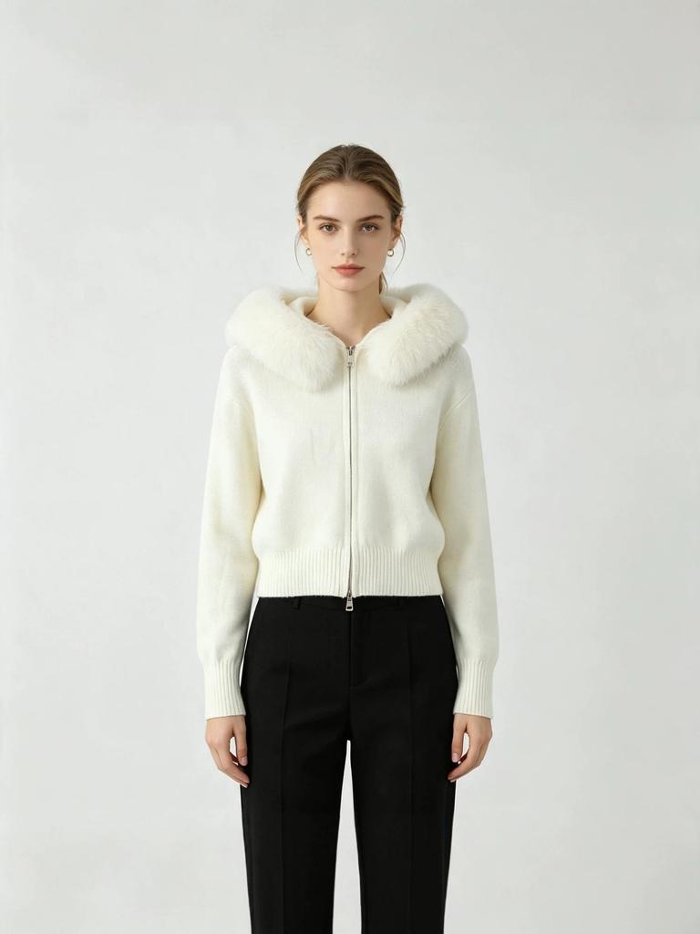 Women's Hooded Knit Cardigan with Fur Collar, Slim Fit, Short Loose Sweater for Autumn/Winter